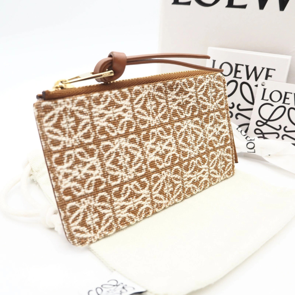 Loewe Anagram Jacquard Canvas Coin Card Holder Case Brown Cream Calf Leather